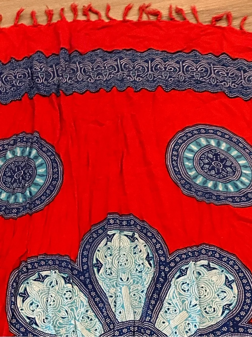 Red Scarf/Shawl with Blue Floral Medallion